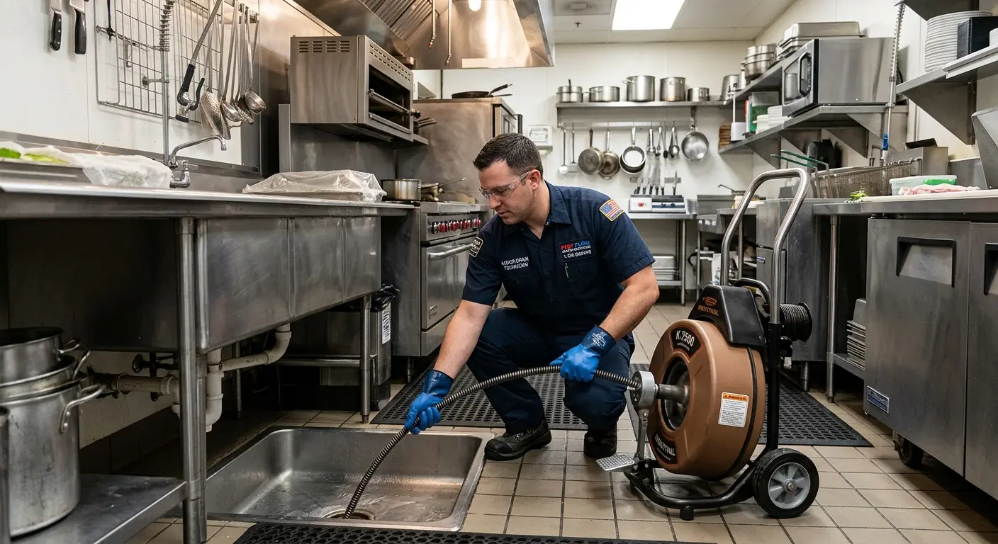Commercial drain cleaning service in a restaurant kitchen in Winter Beach