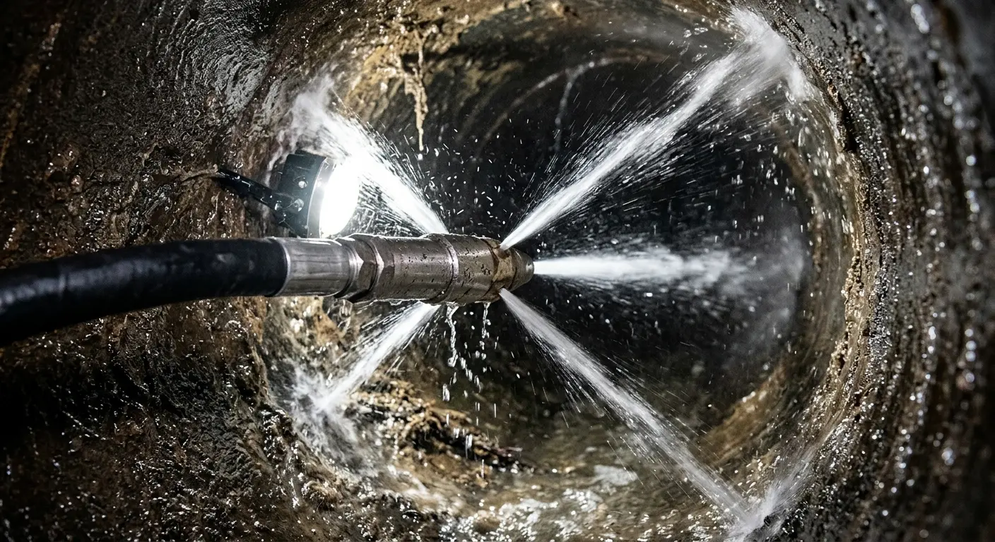 High-pressure hydro jetting nozzle cleaning sewer pipe for Trenchless Sewer Repair in Winter Beach
