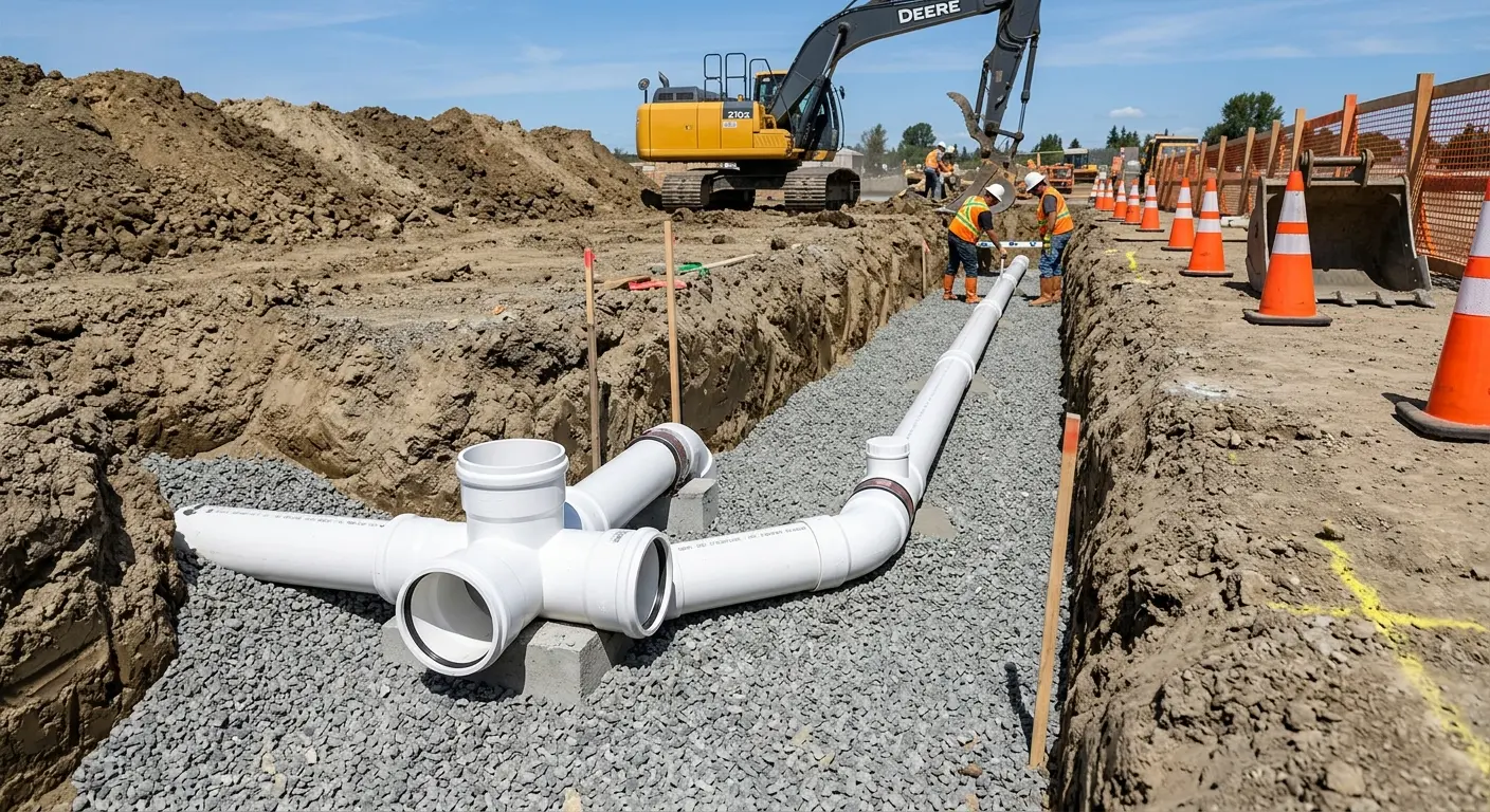 New PVC sewer pipe installation in open trench for Commercial Drain Cleaning in Winter Beach