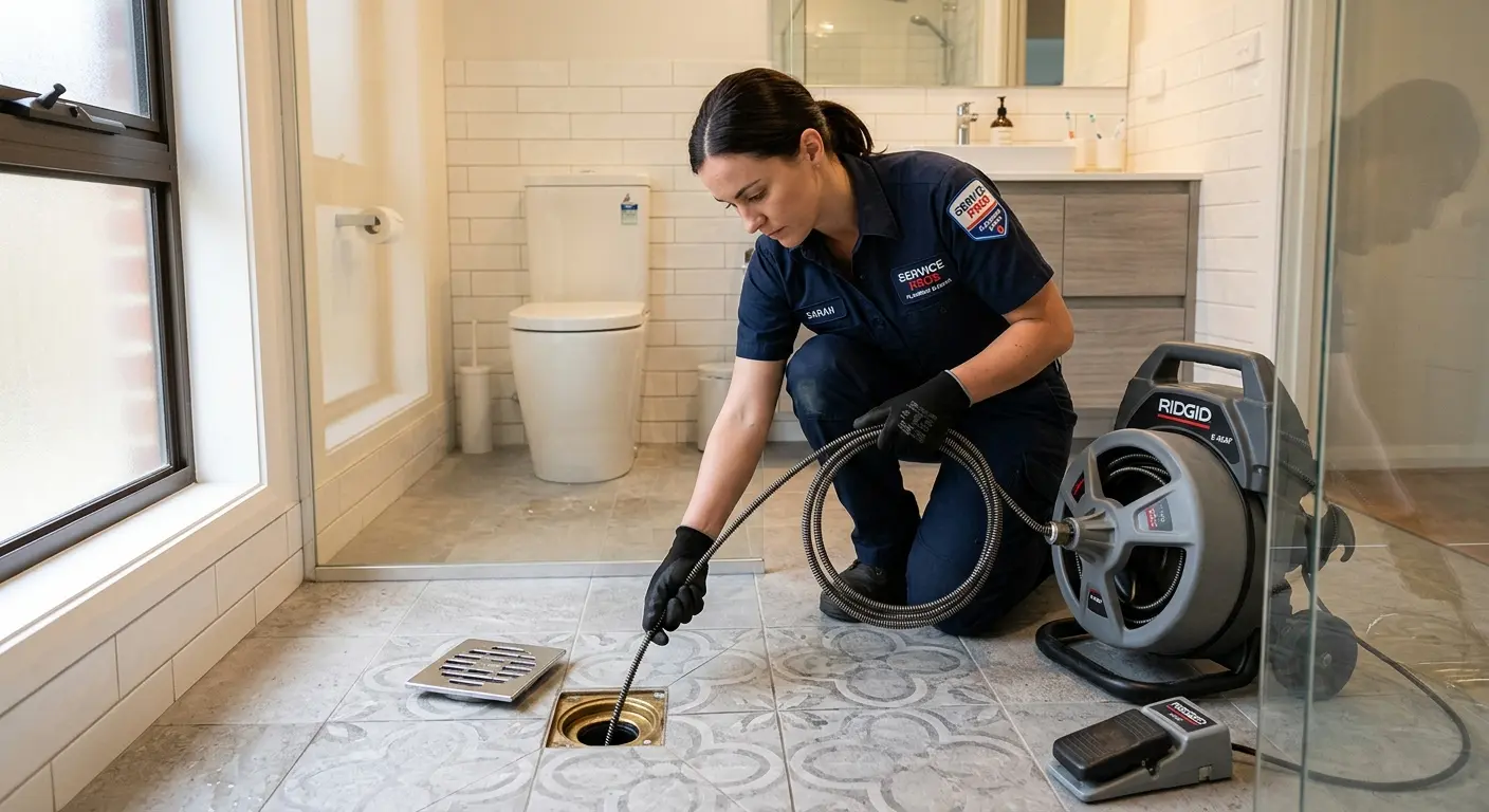 Technician clearing a bathroom floor drain for Drain Cleaning in Winter Beach